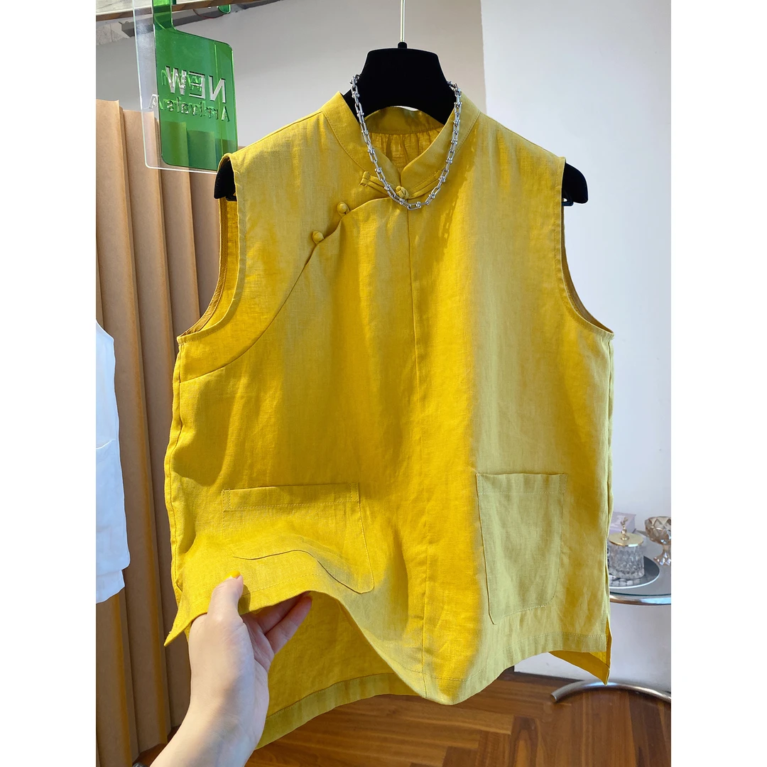 新中式国风盘扣无袖上衣女装夏2025新款宽松立领高端亚麻背心衬衫