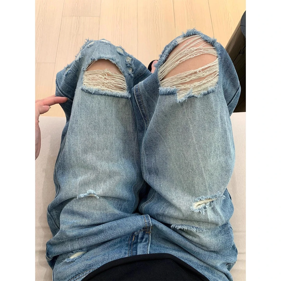 美式破洞牛仔裤女夏季新款大码胖mm梨形身材宽松显瘦高腰阔腿裤子