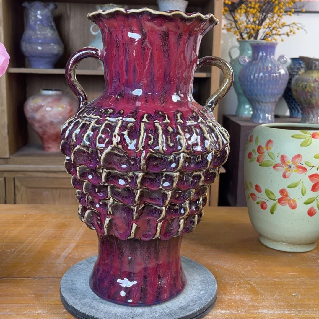 摆件陶瓷花瓶高33口径7.5盘泥微瑕