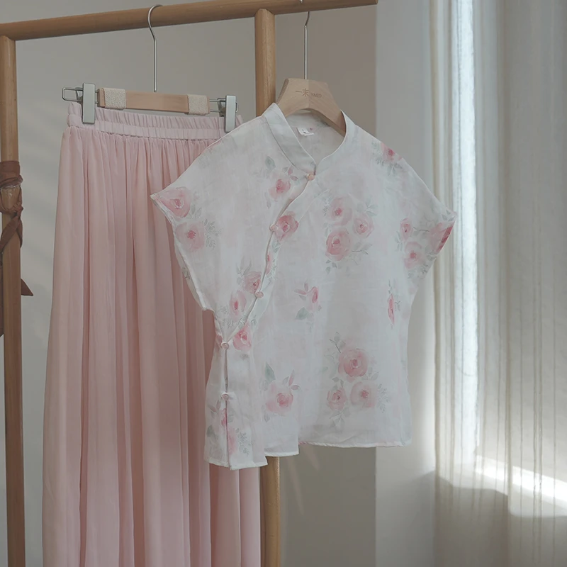 4771《粉玫瑰》原创国风新中式温柔印花衬衫夏季甜美别致苎麻上衣