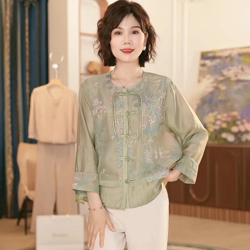 新中式中国风妈妈夏装衬衫洋气中老年女装夏季宽松复古民族风小衫