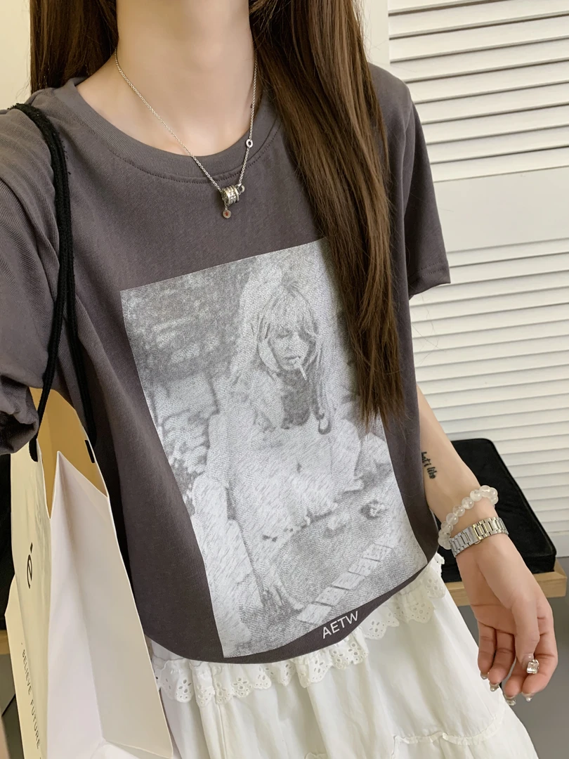 0187【夏季新款】美式复古美女印花潮牌休闲T恤（1207）