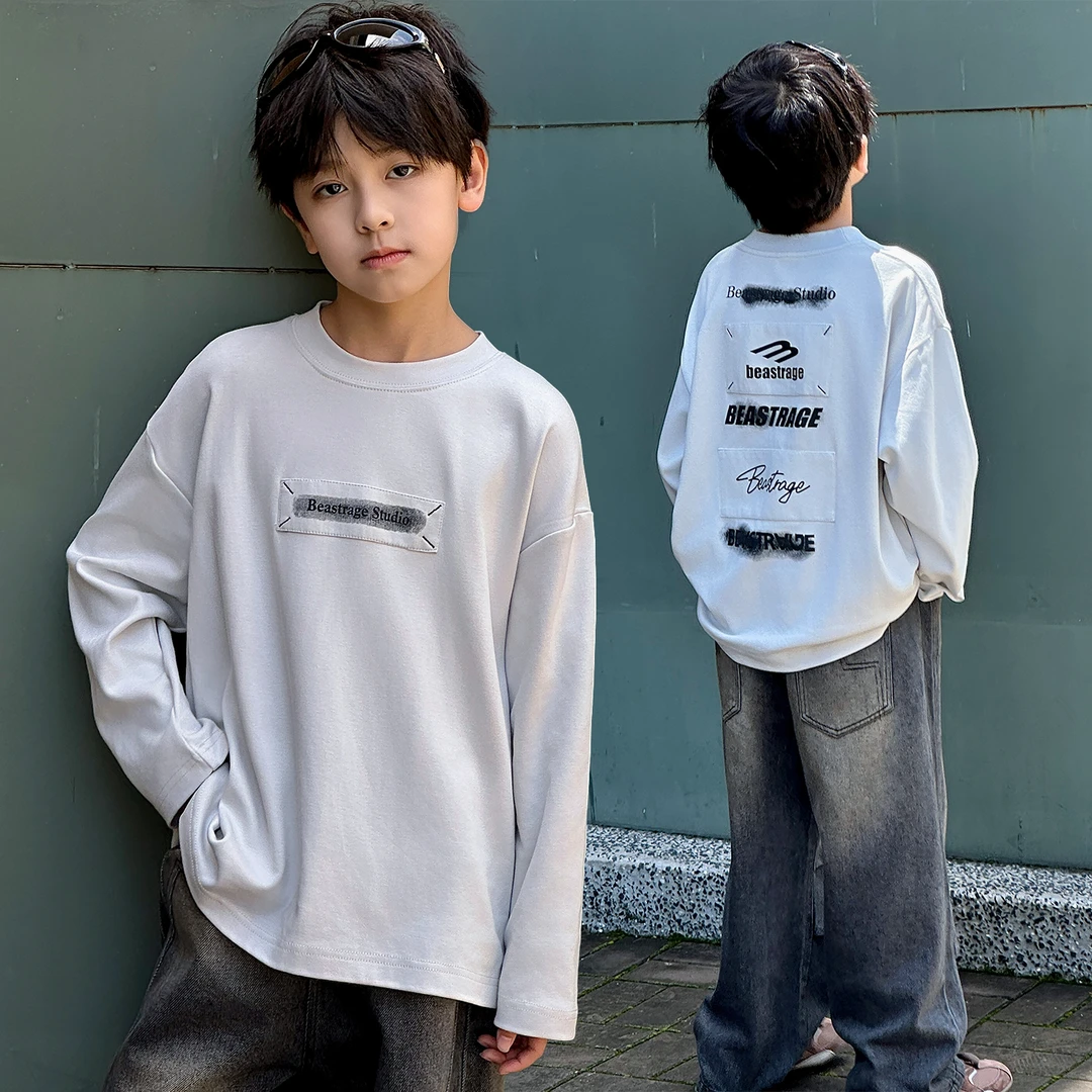 男童做旧长袖T恤2025年秋季新款中大男童洋气百搭休闲长袖卫衣 潮