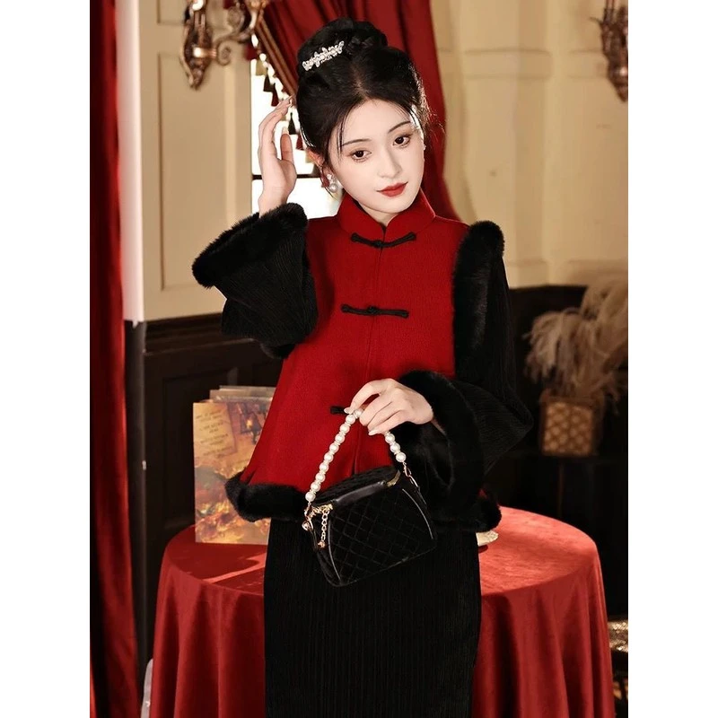 黑色旗袍套装秋冬季加绒厚过年战袍女成人拜年汉服唐装国风马甲袄