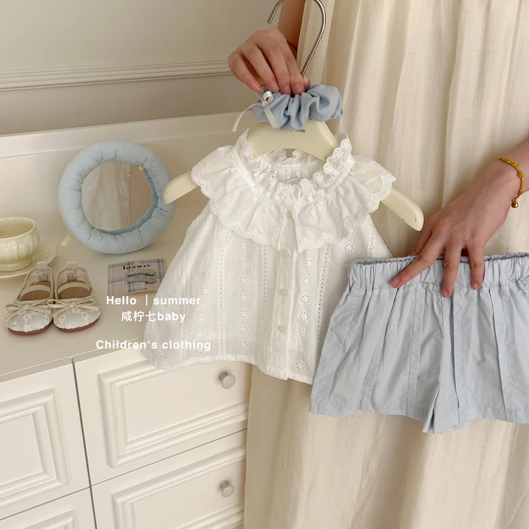 【咸柠七】女童夏季套装2025新款时髦洋气花边背心儿童短裤两件套