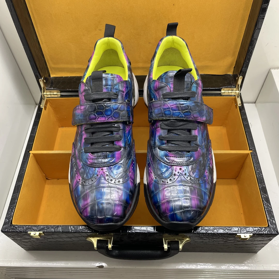 鳄鱼皮男款运动鞋鳄鱼皮皮鞋紫色手工擦色皮鞋潮流皮鞋渐变鞋子