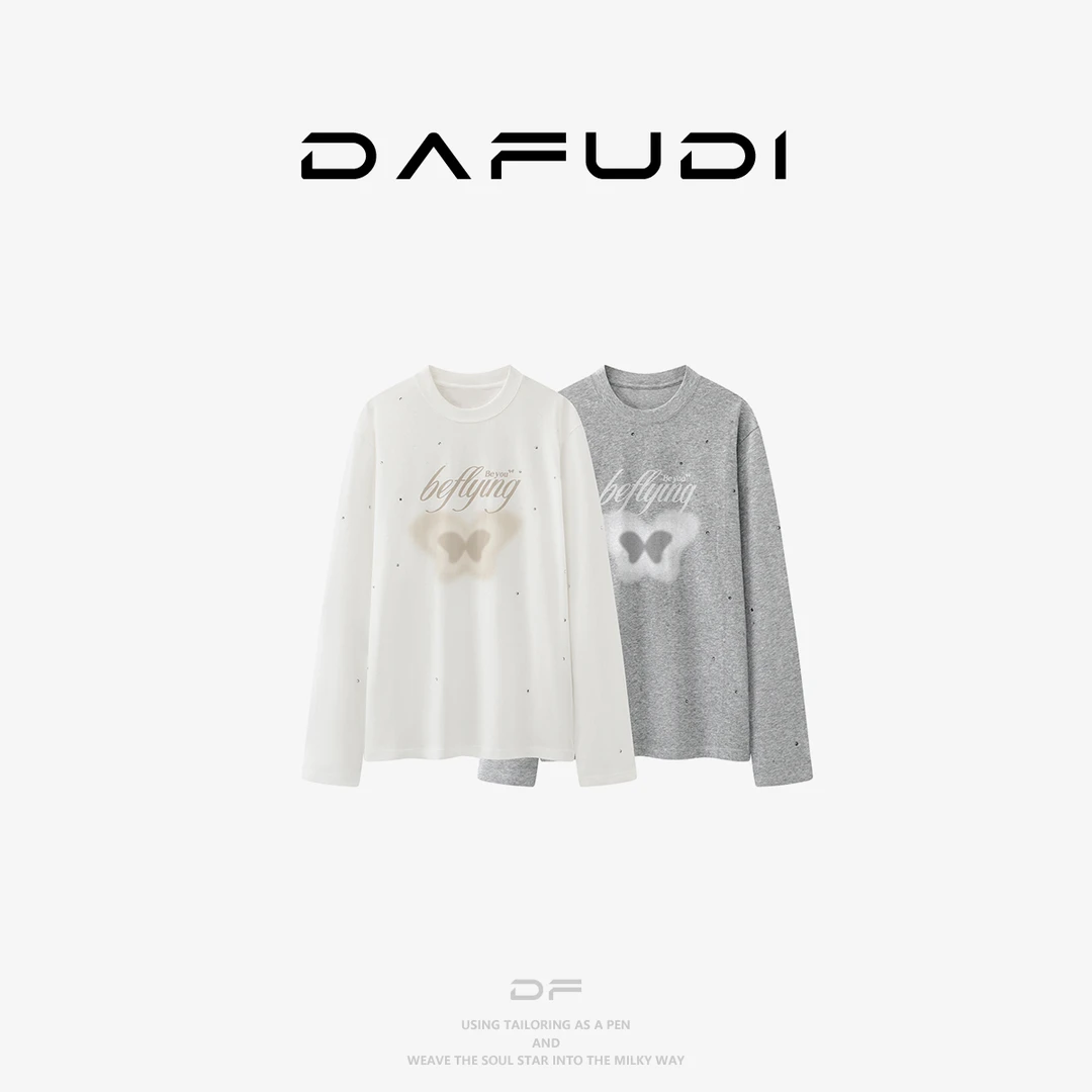 达芙笛【T恤】2025秋季新款休闲烫水钻设计宽松长袖T恤上衣女V7927