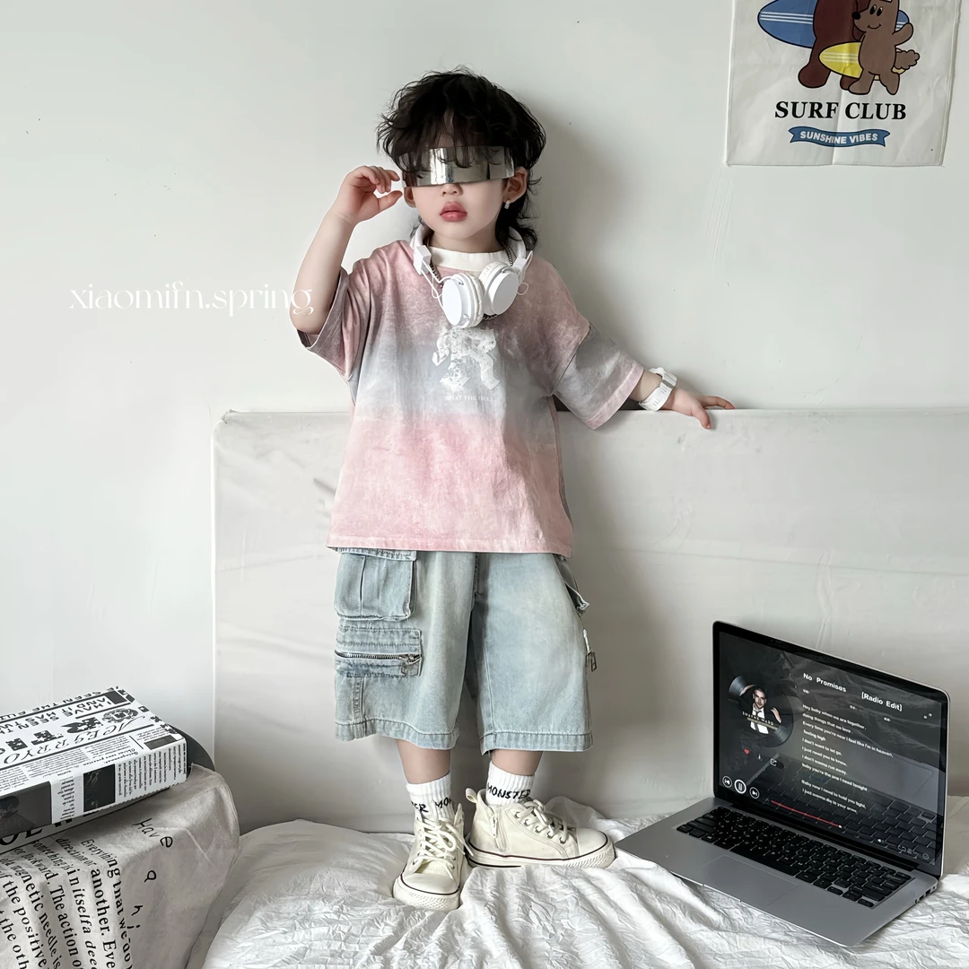 【现货】2025夏季新款韩版扎染T恤潮酷男儿童时尚洋气短袖童装25002