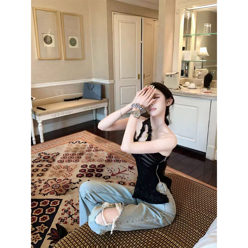 【璀璨光影】 烫钻蕾丝镂空单肩斜肩针织吊带背心