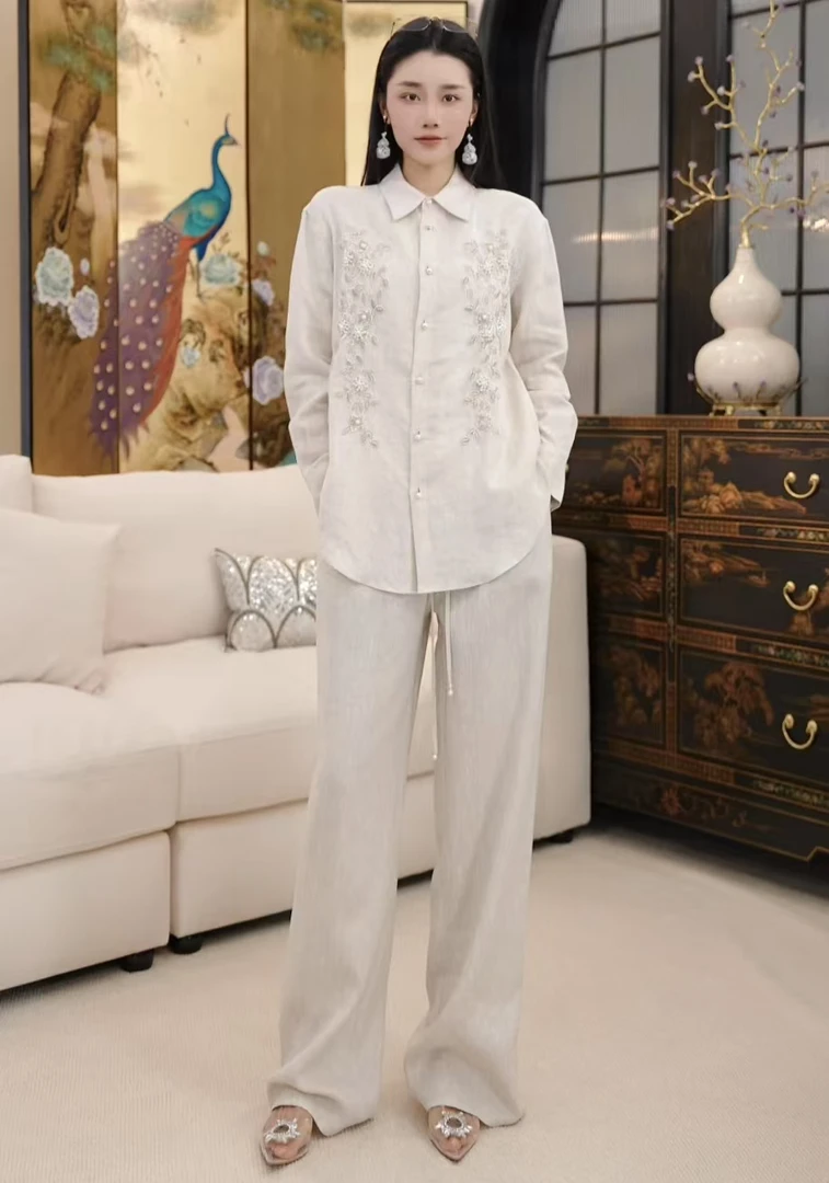 Betty Bairn【风吹半夏】新中式亚麻刺绣衬衫套装25B-BW9006