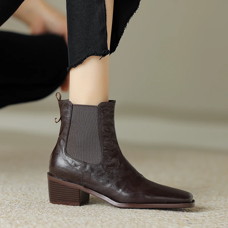 李大龙~羊皮5公分/冬季英伦风方头切尔西靴女粗跟百搭显瘦短靴