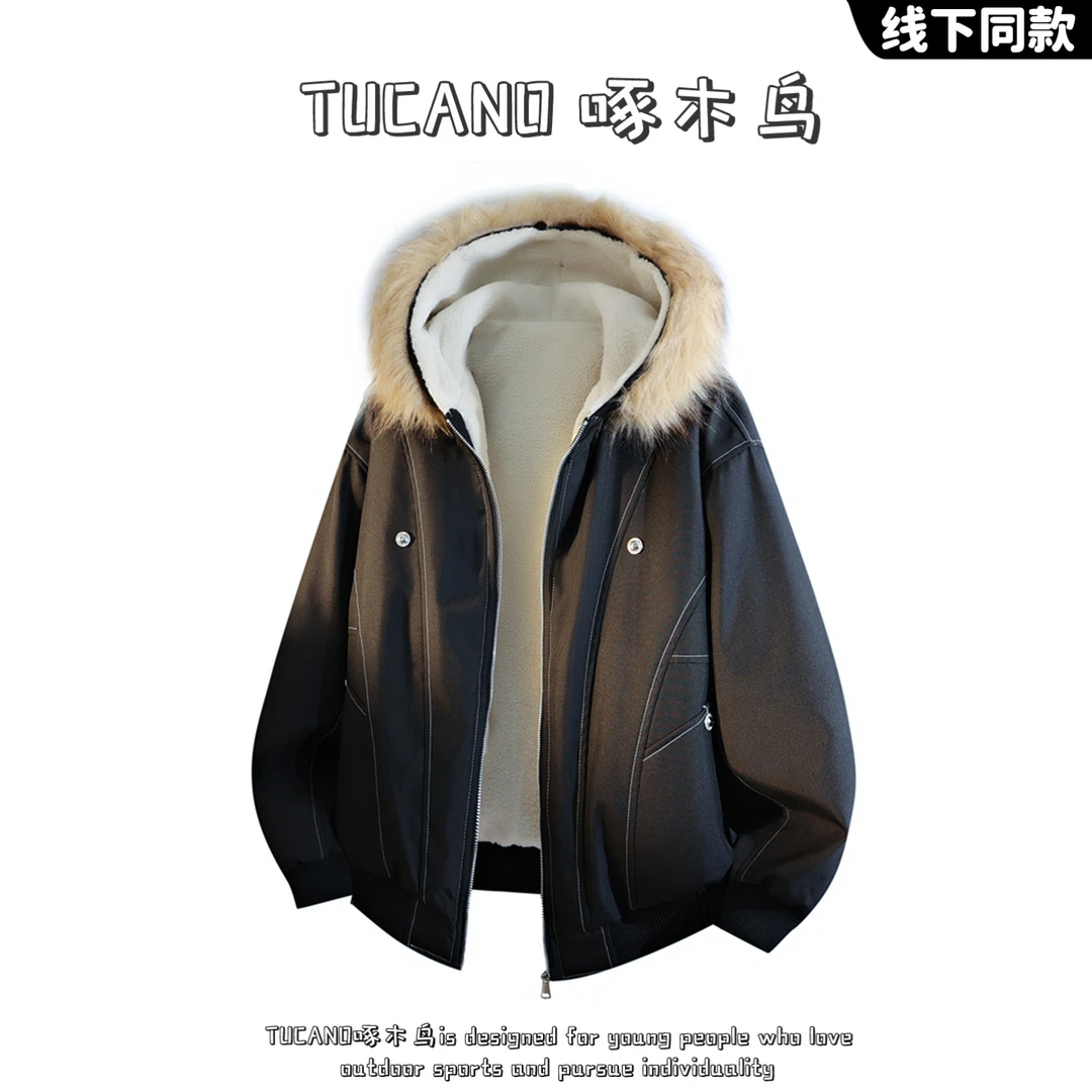 啄木鸟美式毛领座山雕棉服男士冬季2025新款休闲加厚保暖棉衣外套