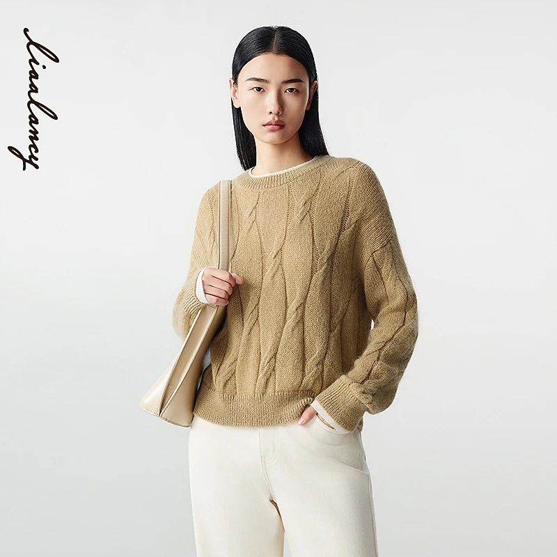 朗姿冬季新款毛针织衫加厚圆领秋冬浅棕长袖宽松百搭长袖针织衫女
