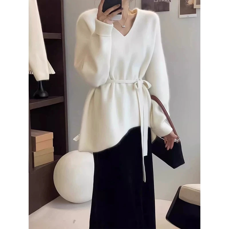 时尚慵懒风V领宽松显瘦毛衣配飘带韩系不规则设计上衣82023#0.1