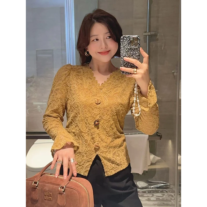 【DIS 定制】【梧桐日记】秋冬设计感镂空V领蕾丝衫Z525X15680