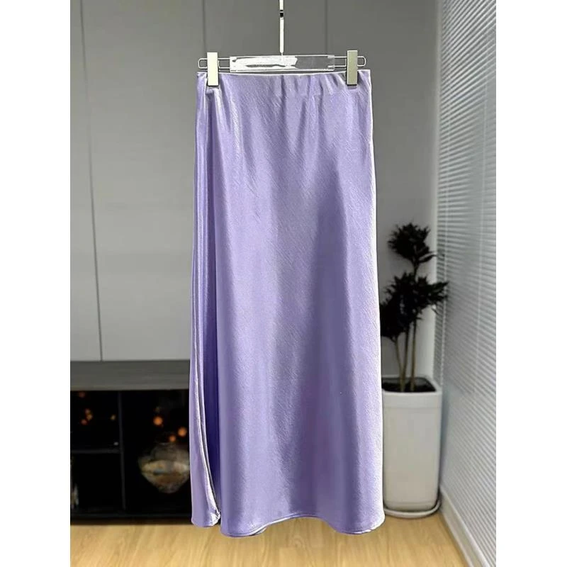 【紫色】新中式半身裙女轻奢高腰显瘦褶皱垂感缎面裙子纯色百搭8270