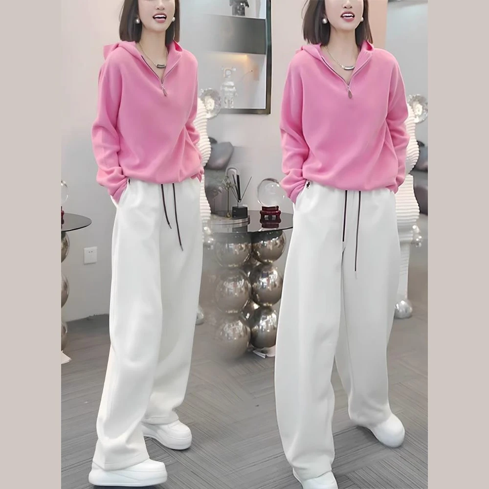 休闲运动套装女2025春秋新款时髦洋气显瘦连帽卫衣阔腿裤两件套潮