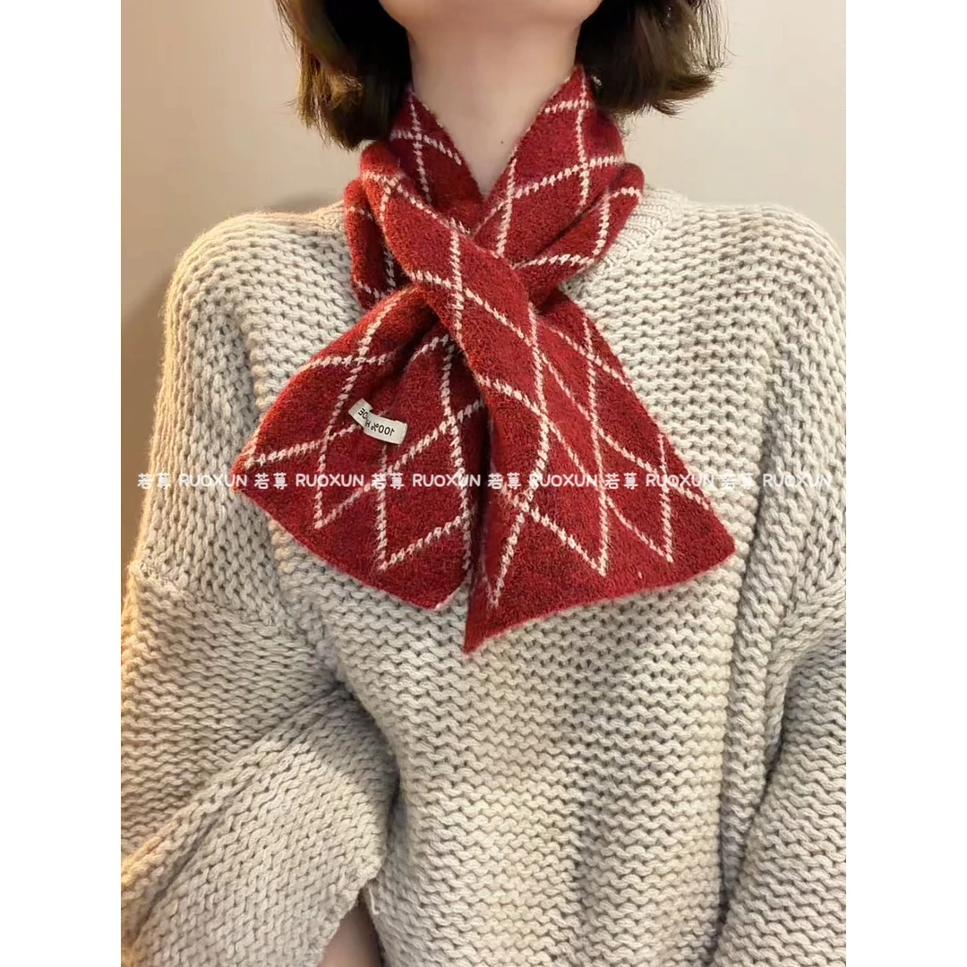 RuoXun安可拉红围巾女冬季圣诞新年红针织围脖保暖费尔岛配饰围巾