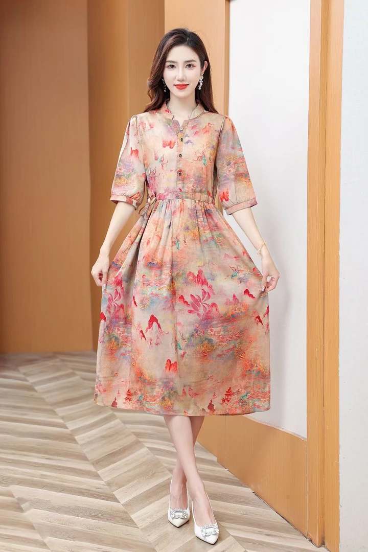 4595 清 V领收腰显瘦女人味连衣裙夏季时尚