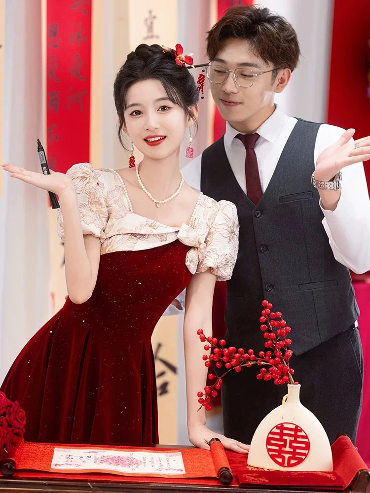 红色敬酒服新娘2025新款结婚订婚晚礼服女法式轻奢小众高端连衣裙