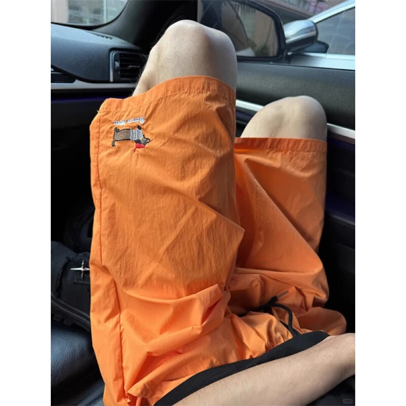 腊肠狗刺绣运动短裤男夏季青少年冰丝速干沙滩裤子宽松休闲五分裤
