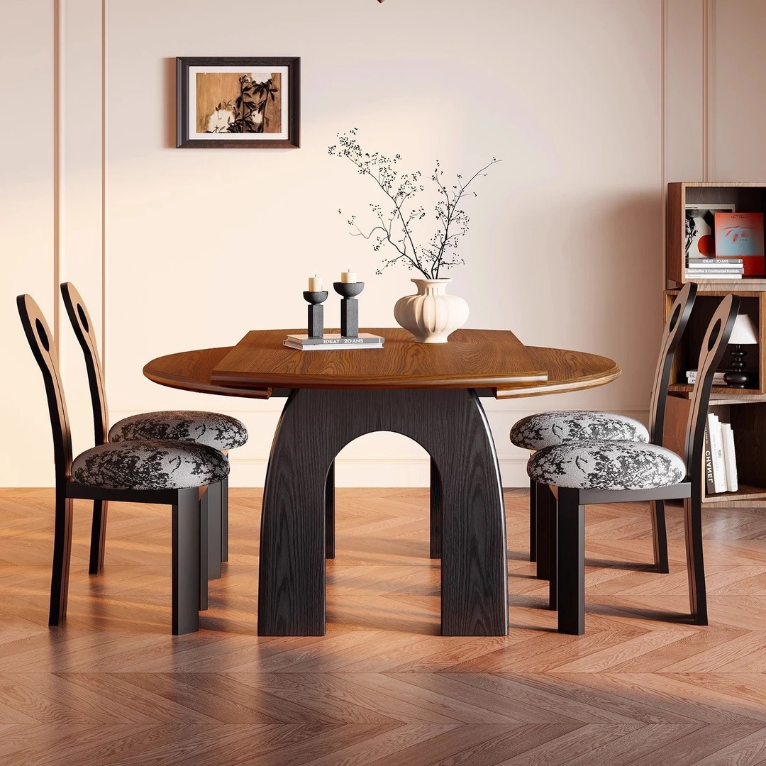 中古风餐桌白蜡木实木餐桌可伸缩圆形圆桌家用法式小户型高级饭桌