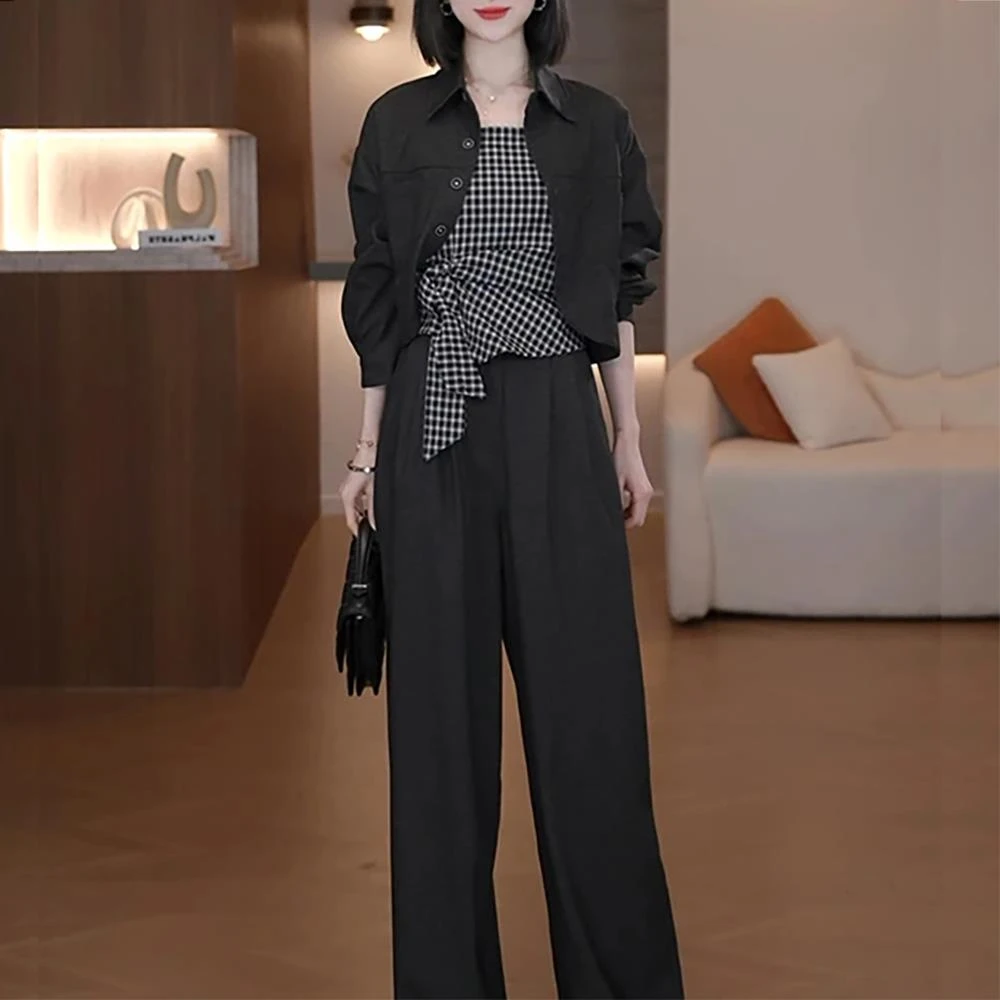 2025春秋季新款女士今年流行时尚套装格子吊带衬衫阔腿裤三件套潮