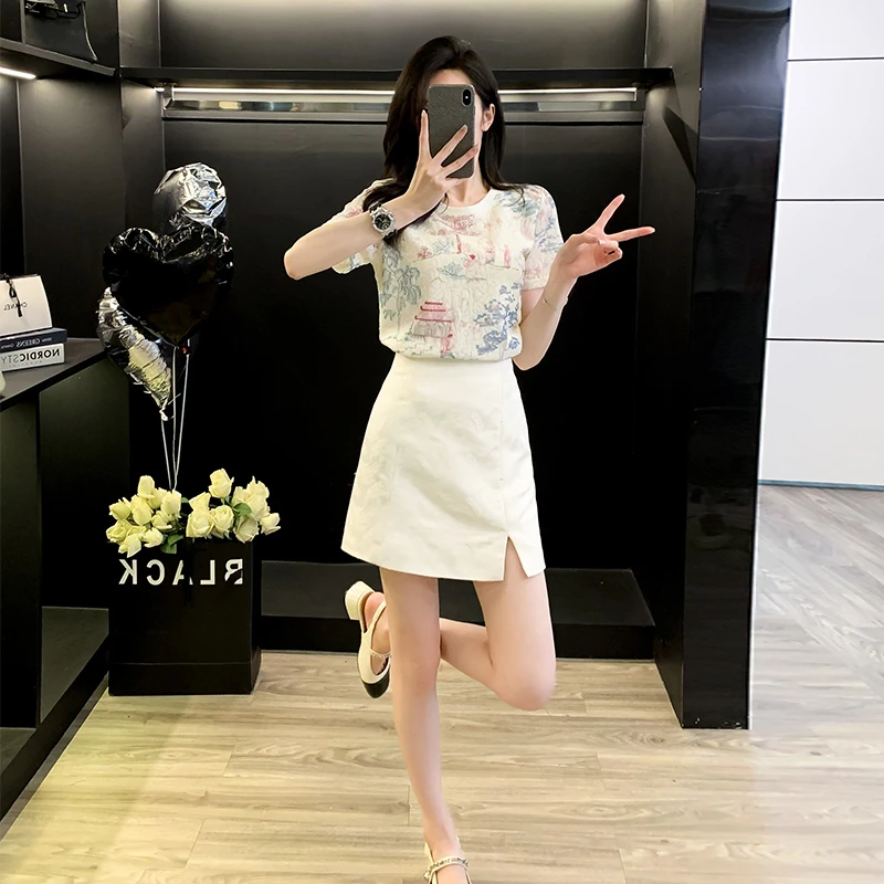 时尚欧货减龄夏季新款短袖搭配高腰牛仔短裙套装女小个子穿搭