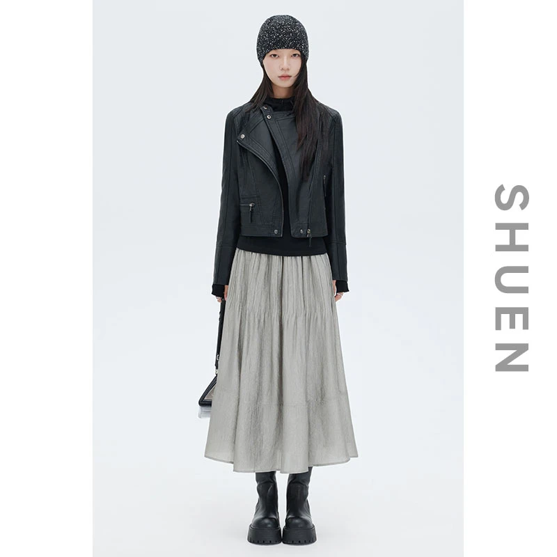 束恩醋酸亮丝混纺弹力花苞松紧腰长裙宽松铅银灰半身裙女2025新款