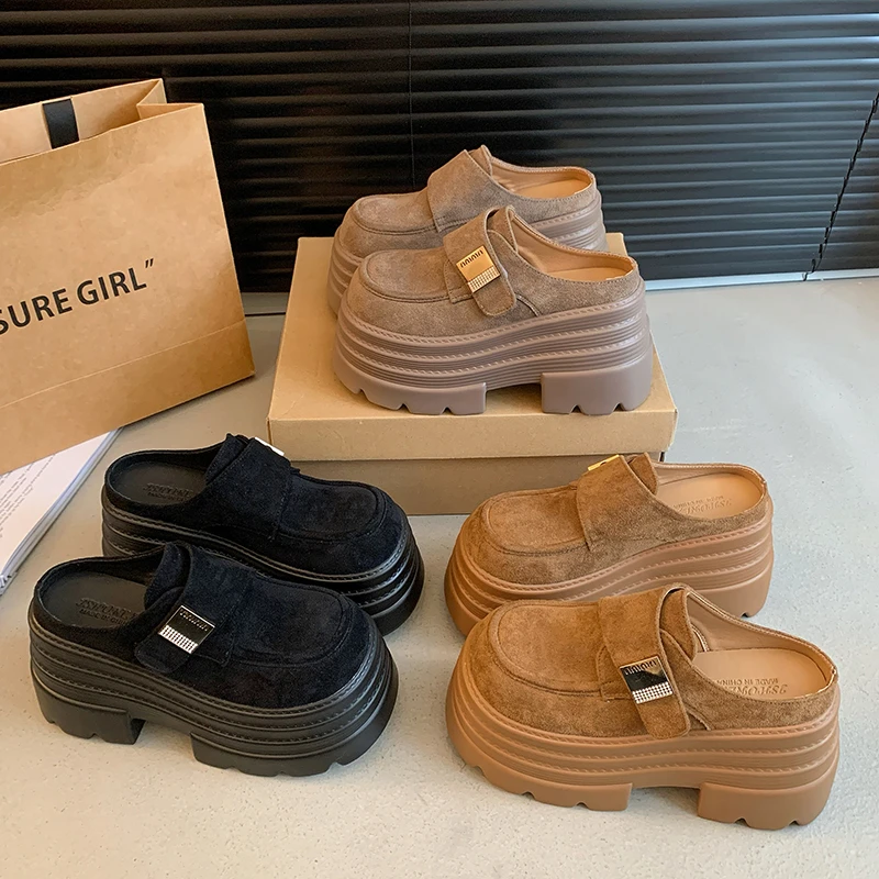 10cm厚底勃肯鞋女外穿2025春新款小个子增高无后跟懒人包头半拖鞋