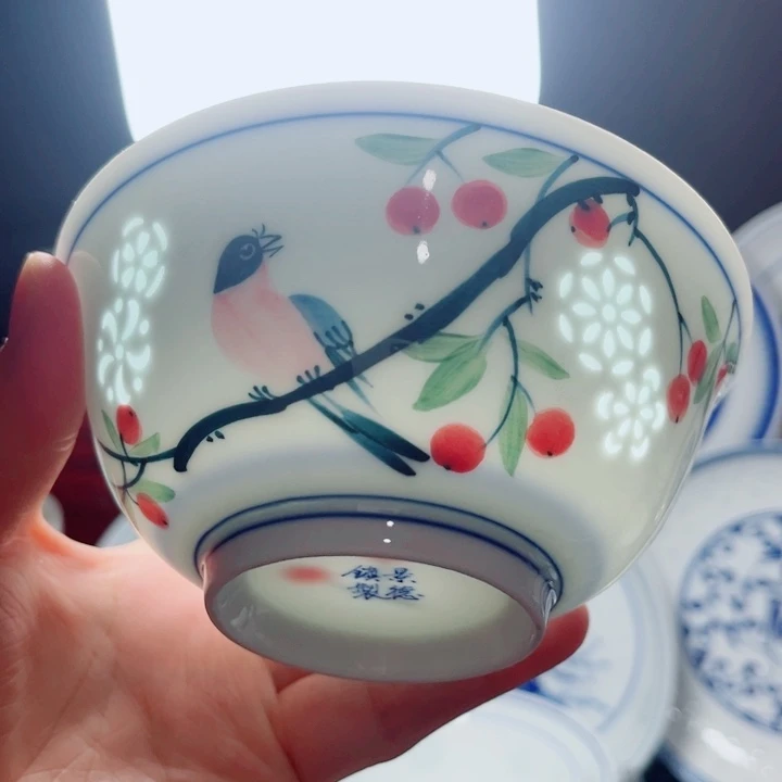青花玲珑5寸饭碗手绘花鸟