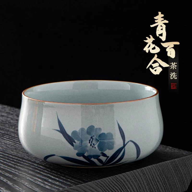 枫隐 复古青花陶瓷大号茶洗 家用茶具配件茶杯收纳盆茶桌茶渣缸tf
