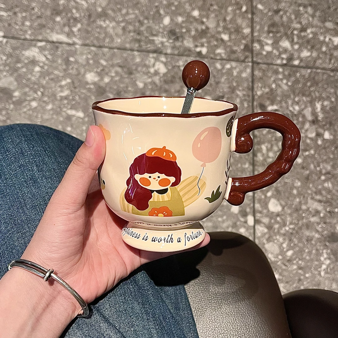高颜值ins马克杯复古女孩杯子陶瓷高脚杯2025新款水杯咖啡早餐杯