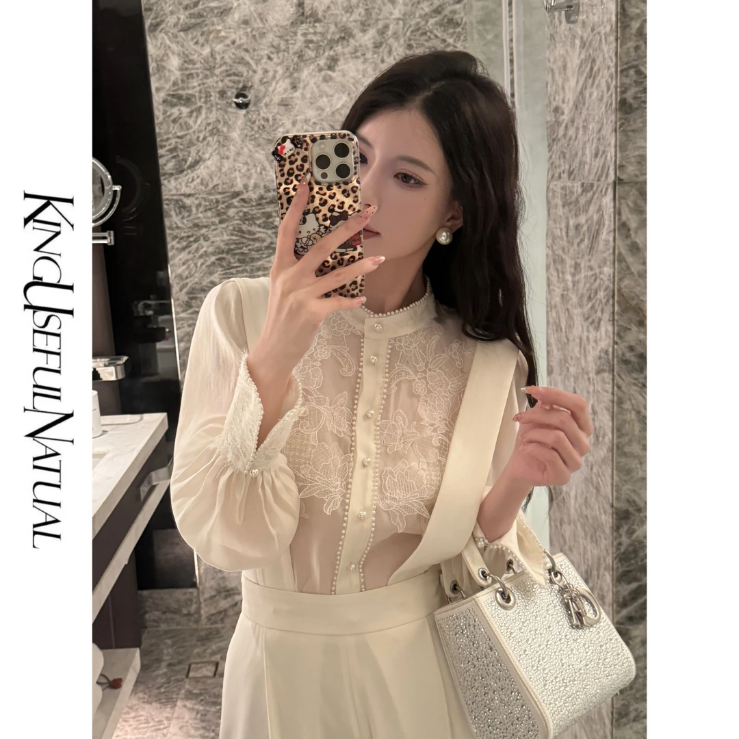 KUN【名伶千金】柔光天Si 时尚定制手工蕾丝花边半高领珍珠边衬衫