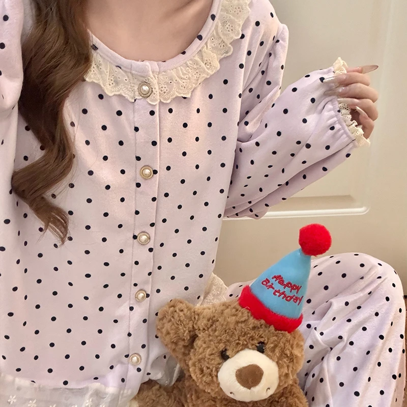 海岛绒睡衣女冬季圆领开衫蕾丝花边波点加绒加厚保暖家居服两件套