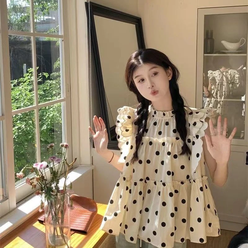 甜美大码波点飞飞袖衬衫夏季百搭法式新款设计感木耳边飞飞袖上衣