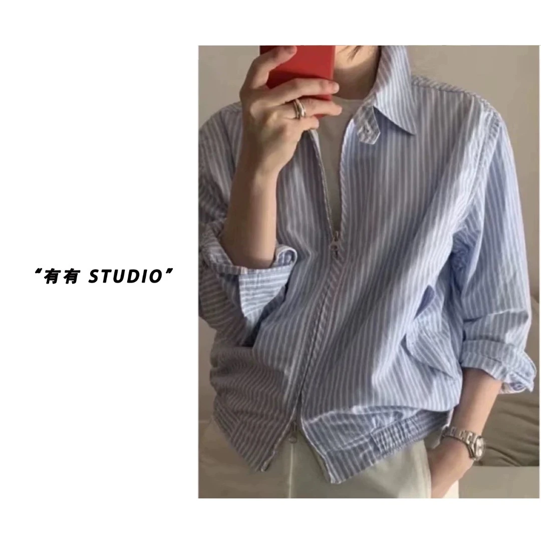 「老干部蓝白条」2025新款韩系百搭条纹夹克女士短款老干部外套