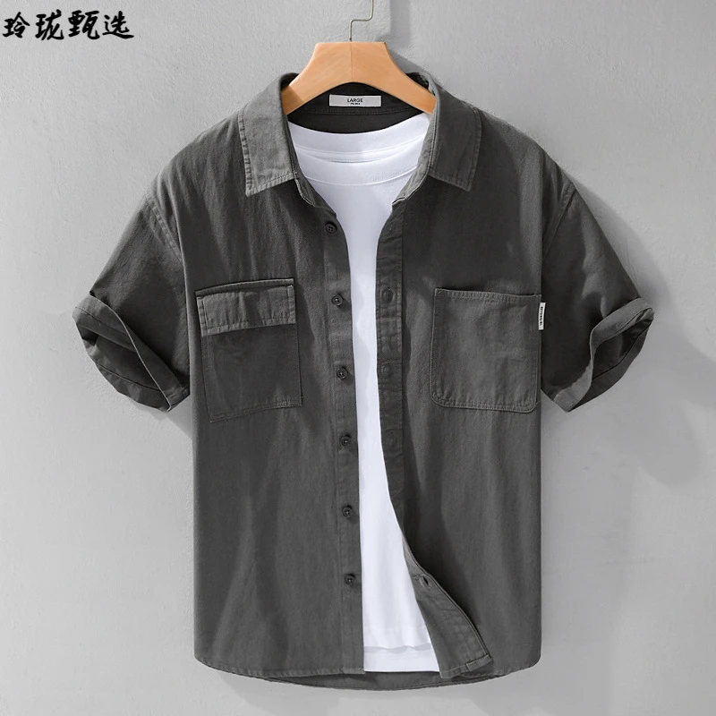 2025年夏季阿美咔叽工装短袖衬衫休闲宽松男士复古纯色青年衬衣