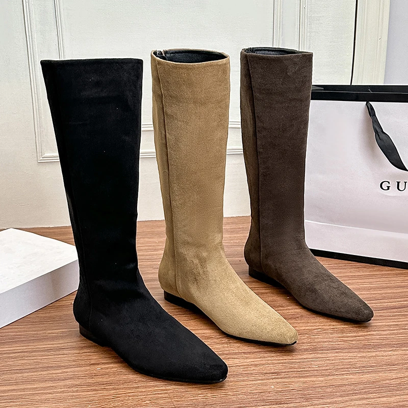 真皮长靴英伦风低跟尖头骑士靴高筒靴绒面不过膝长靴女弹力靴长筒