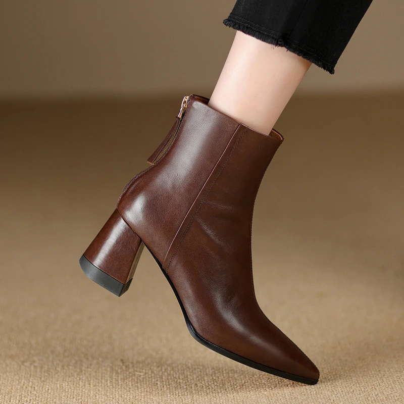 AACCK手工女鞋6CM新款尖头粗跟单靴女秋冬美拉德棕色真皮高跟女靴