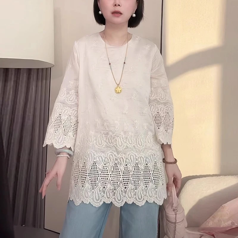 新中式国风t恤女2025春夏季新款设计感镂空提花蕾丝别致小衫上衣