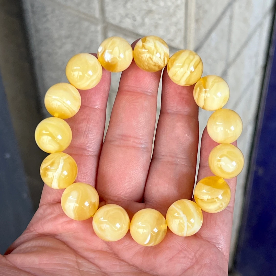 14mm+天然精品俄罗斯蜜蜡黄白妖花蜜蜡圆珠手串 24.43