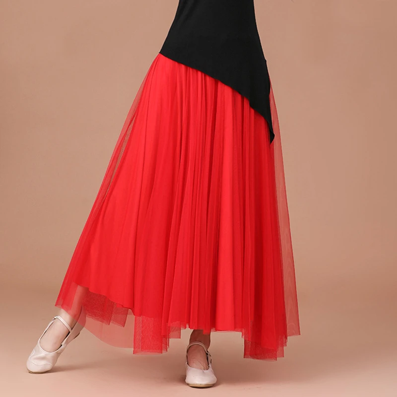 女半身长裙中老年民族舞新疆舞红色广场舞跳舞裙纯色网纱裙子