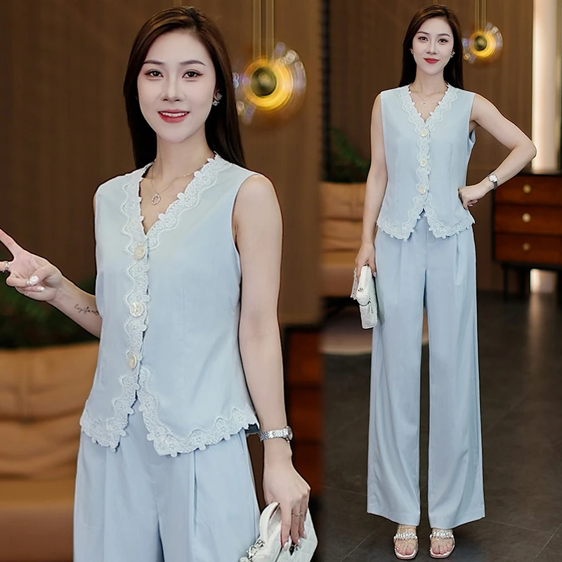 时尚套装2025夏季新款气质洋气显瘦蕾丝拼接无袖上衣直筒裤两件套