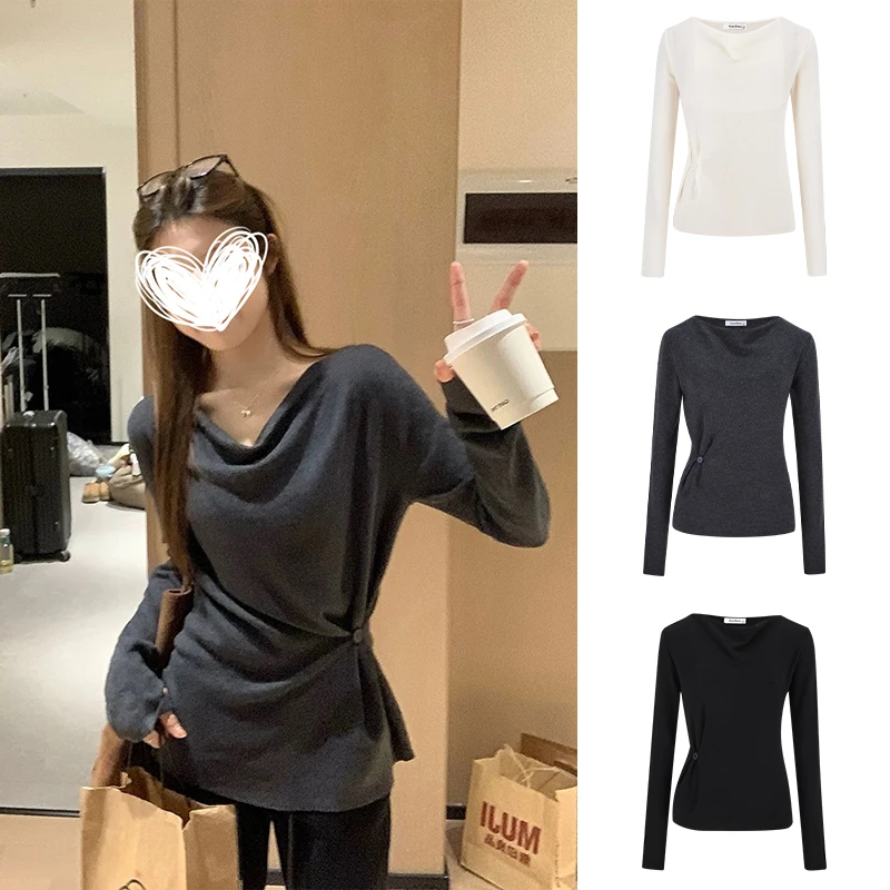 2025早秋新款法式荡领斜扣针织衫女收腰显瘦长袖气质上衣