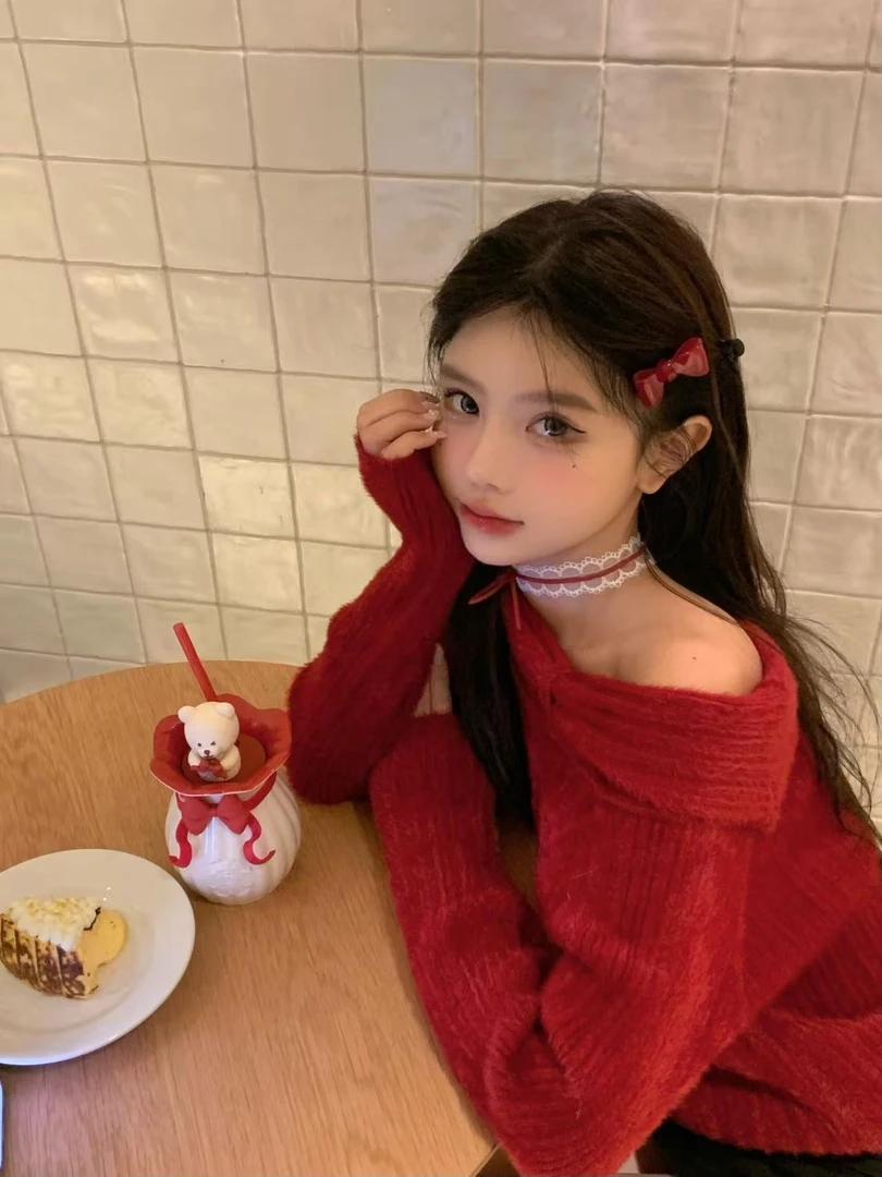 美式慵懒风毛衣圣诞穿搭红色针织衫2025秋季新款黑色半身裙两件套