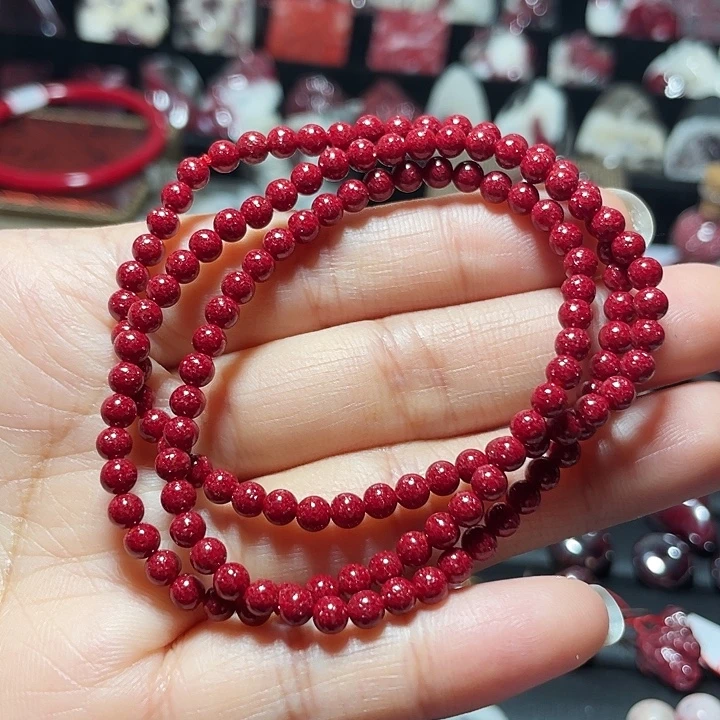 天然辰砂压晶小米珠多圈手链4mm