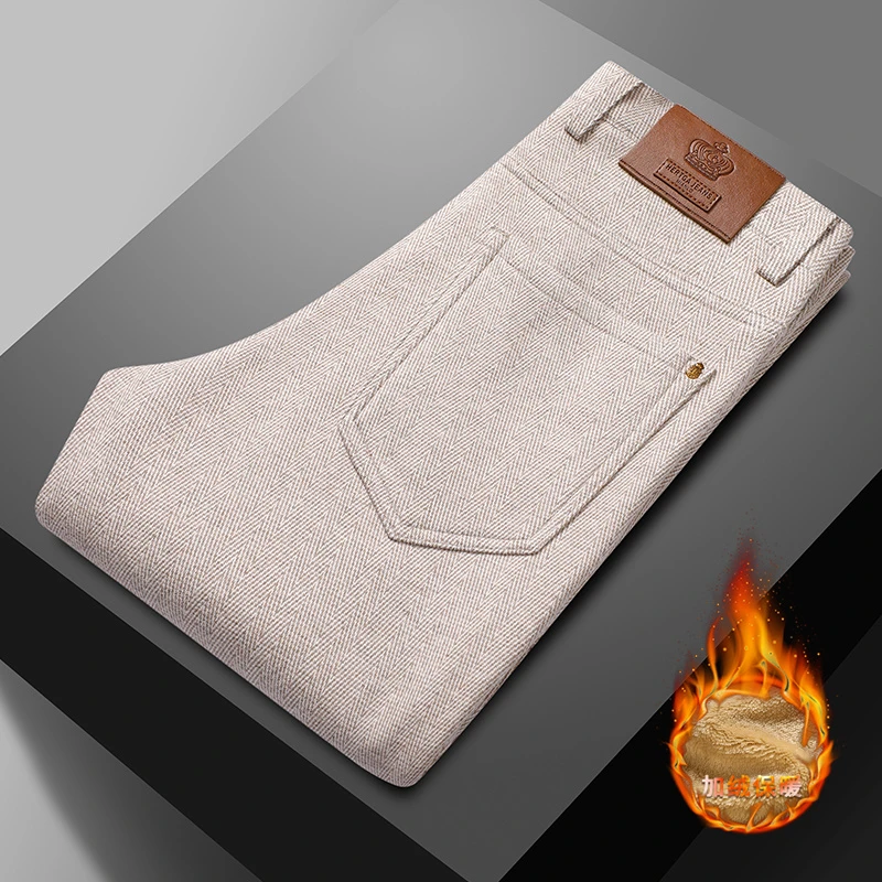 绵羊毛+桑蚕丝亲肤保暖冬季休闲裤加绒加厚高档轻奢商务直筒男裤