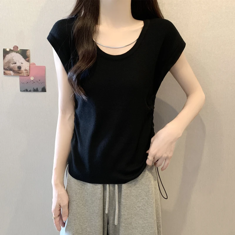 韩版正肩圆领短袖t恤女显瘦夏季胖mm大码遮肚子修身抽绳针织上衣