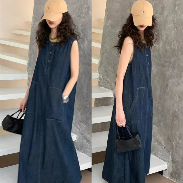 2025新款设计感小众无袖牛仔连衣裙春夏高级显瘦松弛感口袋背心裙